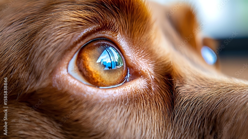 Poster close-up macro shot of brown dog eye with reflection of window in amber iris, showing detailed textu