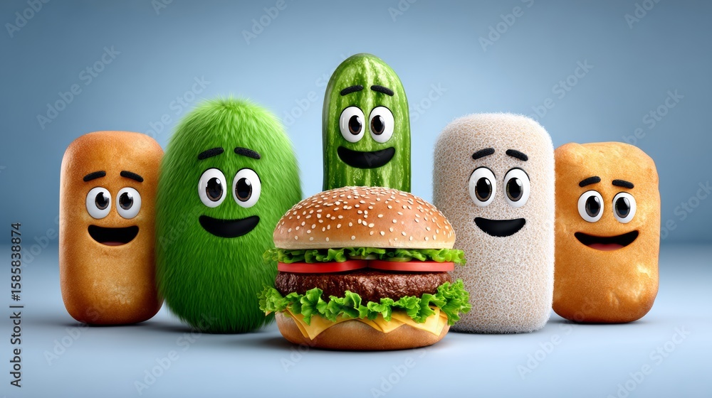 Poster cartoon of a hamburger and a cucumber are smiling at the camera. the hamburger is on the left and th