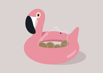 Vacation budget concept, a piggy bank floating on a bright pink flamingo, inviting financial safety in a funny setting