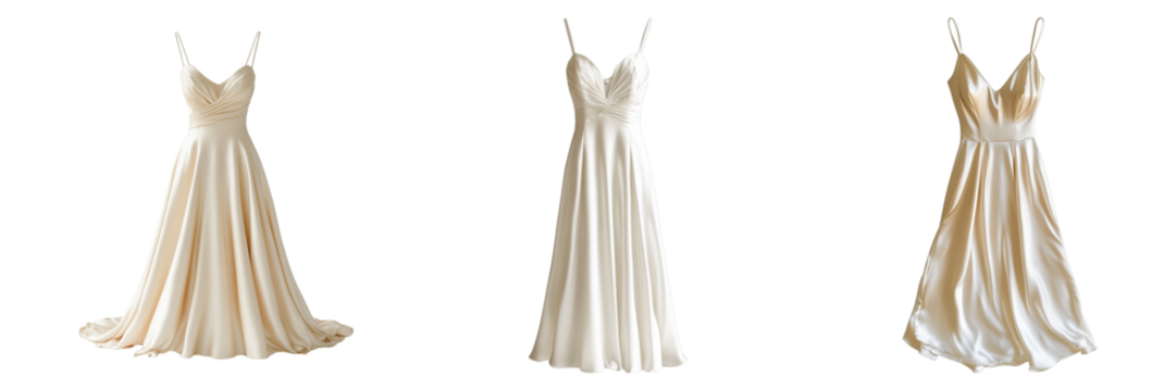 Set of Luxurious Beige Bridal Gown Featuring Pleated Bodice and Soft Shiny Fabric with Delicate Straps and Full-Length Flare Isolated on Transparent Background