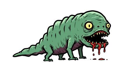A grotesque and bizarre green cartoon monster with large yellow eyes and a wide-open, blood-dripping mouth, evoking a sense of creepy horror and fantasy