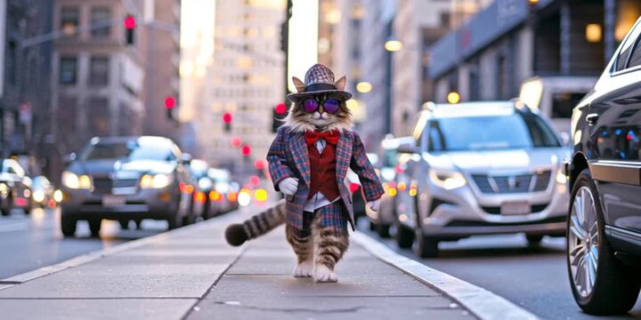 Stylish cat with modern fashion strutting down the urban city environment