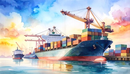 Fototapeta premium Shipping Container Freight Logistics Dockside Concept. Colorful cargo ships docked at a vibrant port under a sunset sky.