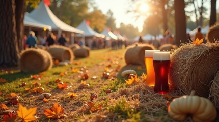 Outdoor beer festival with seasonal decor fall landscape fun atmosphere daytime celebration