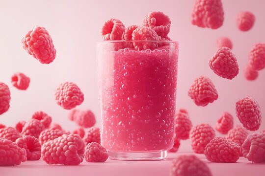 Refreshing Raspberry Smoothie in Glass with Floating Berries on Pink Backdrop