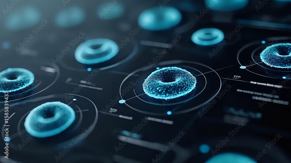 Poster futuristic circular interface elements glowing in blue neon light against dark background, showing t