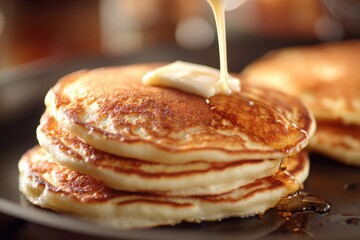 Stacked pancakes with melting butter and syrup drizzling, set on a warm kitchen table
