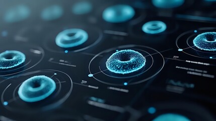 Futuristic circular interface elements glowing in blue neon light against dark background, showing technological data visualization and analytics dashboard.