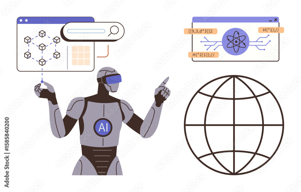 Poster humanoid robot with ai label interacting with scientific data and technology interfaces, connected t