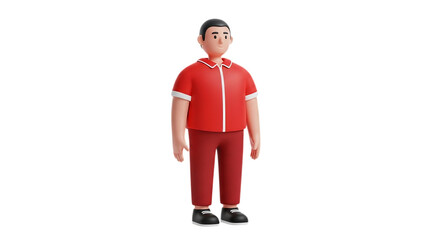 Full body 3D render of a cartoon boy in a red polo shirt and pants, isolated on white background