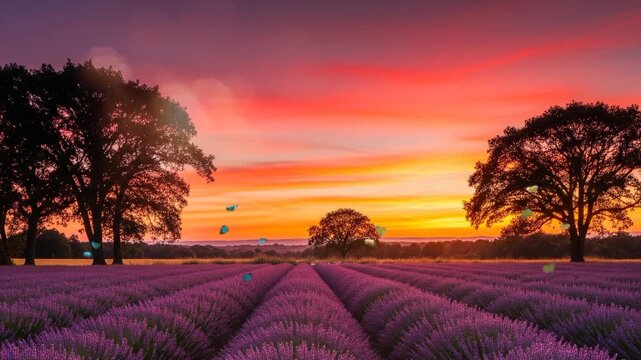 late afternoon lavender field with beautiful butterflies flying around