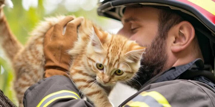 Fireman holds a cat after rescuing him from tree