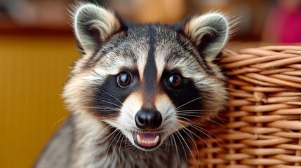 Obraz premium Raccoon is smiling and looking at the camera. The raccoon is in a basket. The basket is brown
