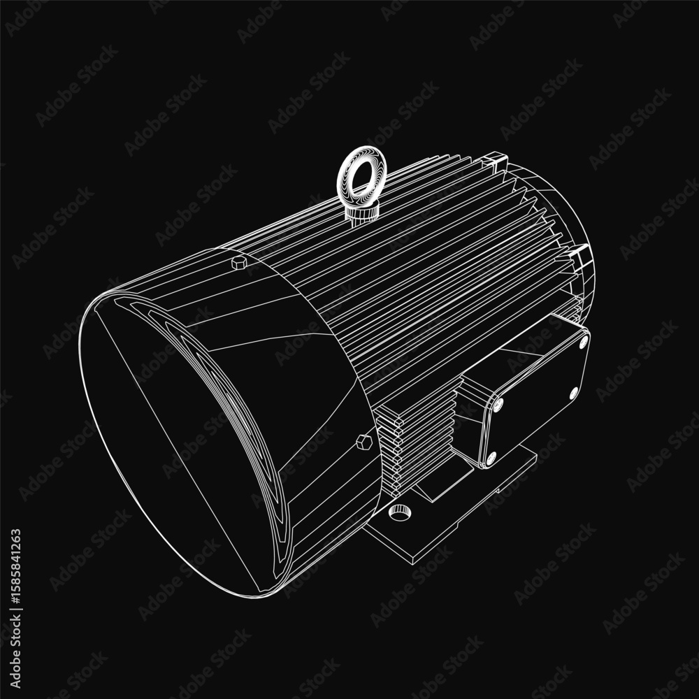 Poster a 3d model of an electric motor features intricate blueprints with detailed contours and precise lin