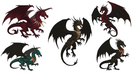 Fototapeta premium Collection of dragons in various colors and poses