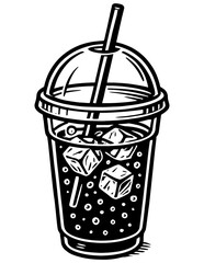 Black and white soda illustration in plastic cup with dome lid and straw, ice cubes floating in bubbly liquid