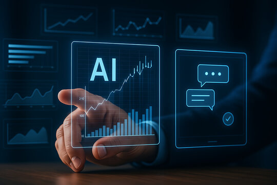 A hand interacts with an ai interface displaying business data