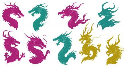 Colorful dragon silhouettes collection