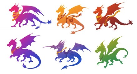 Colorful dragon silhouettes collection