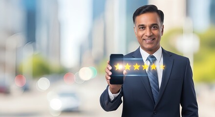 Customer service concept excellent service for satisfaction five star rating with business man holding smart phone