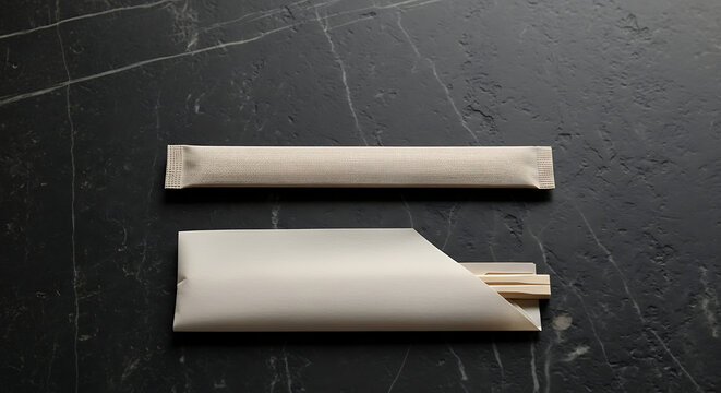 Elegant chopsticks in paper wrappers lie on a sleek marble surface, ideal for menus or dining promotions.