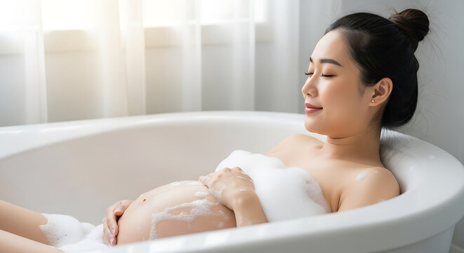 A peaceful pregnant woman relaxing in a bathtub.
