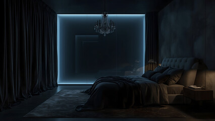 Dark Blue And Gray Luxurious Bedroom Interior With Illuminated Wall Panel
