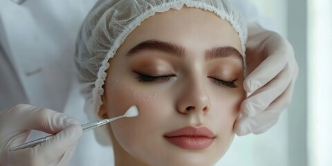 Facial Skincare Treatment:  Close-up of a woman receiving a professional facial treatment, highlighting skin care and beauty.