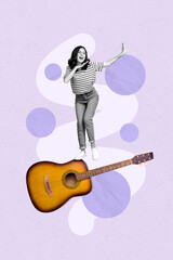 Picture collage of woman stand move musical guitar on purple color background with ring element