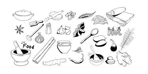 Indian Spices Elements collection,Design background spices design collection set,Traditional Indian food methods cooking design set, Hand drawn design set,
