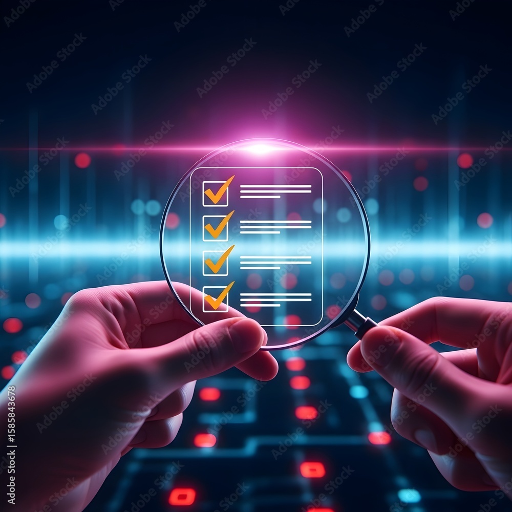 Poster project management success unfolds as a magnifying glass reveals a checklist on a futuristic digital