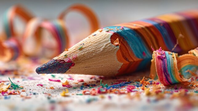 Close-up of a colorful pencil with shavings