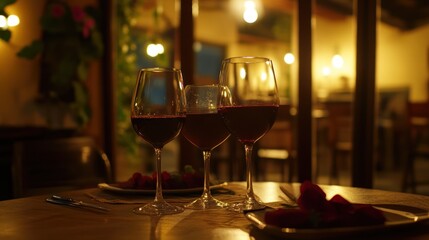 Three wine glasses filled with red wine, on a table, at night, with rose petals and food