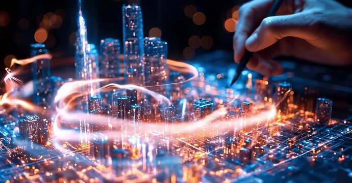 An architect brings architectural designs to life with 3D holographic construction models. The concept of innovation in architecture and futuristic design. Generative Ai.