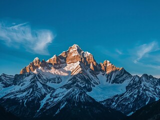 Snowcapped mountain range glows under a clear blue sky with wispy clouds in a scenic alpine landscape view.