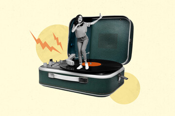 Picture banner collage of person sit longplay dance with vinyl plate on yellow background