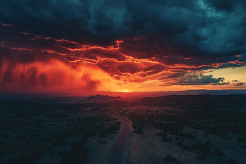 Dramatic Supercell Thunderstorm Illuminated By Fiery Sunset: Massive Spiral Cloud Formation Over Vast Rural Landscape With Intense Colors And Powerful Atmospheric Phenomenon