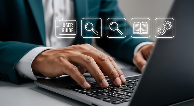 Person using a laptop with user guide and search icons displayed - Powered by Adobe