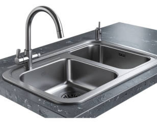 Set Floating 3D Render of Undermount Kitchen Sink with Matte Finish and Soft Glow, Stylized Icon Design, Transparent Background.