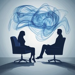 Therapeutic dialogue between two individuals counseling room silhouette concept abstract thought bubbles intimate setting emotional connection