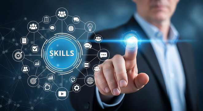 Man touching a glowing digital network of skills and icons