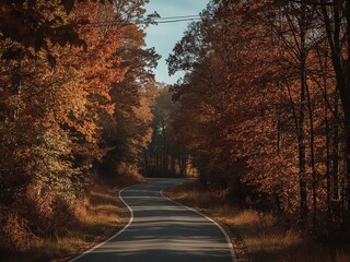 Autumn road trip through a scenic landscape with colorful foliage and a winding asphalt path under a bright sky.