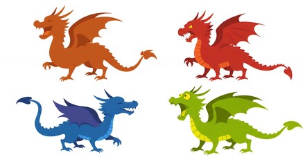 Four cartoon dragons of different colors