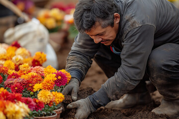 Careful Gardening With Blooming Flower In Wooden Crate: Hands Of Gardener Planting Green Seedlings In Fresh Soil Outdoors