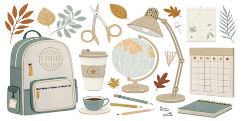 A calm, aesthetically pleasing school-themed illustration with a globe, lamp, coffee cup, backpack, notebooks, and leaves in a flat modern style. artwork designed for planners, school printables