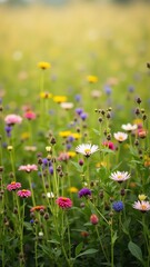 Obraz premium A vibrant meadow bursts with colorful wildflowers in full bloom, evoking a sense of serenity.