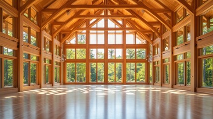 Spacious Wooden Hall with Expansive Windows Showcasing a Lush Green Landscape