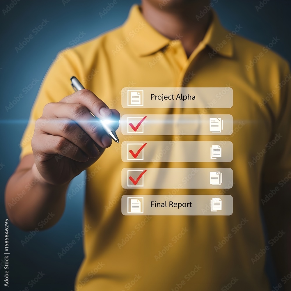 Aufkleber a man efficiently uses a digital pen to finalize a project checklist, marking tasks completed and ap