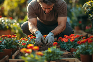 Careful Gardening With Blooming Flower In Wooden Crate: Hands Of Gardener Planting Green Seedlings In Fresh Soil Outdoors