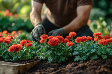 Careful Gardening With Blooming Flower In Wooden Crate: Hands Of Gardener Planting Green Seedlings In Fresh Soil Outdoors